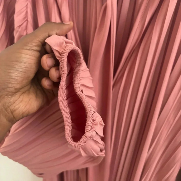 Zara Dress L Pleated Tunic Mini Long Sleeve Tie Neck Flowy Loose Shift Boho Chic - Picture 5 of 7